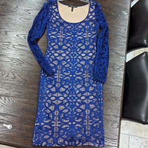BCBGMaxAzria TANYA Long Sleeve Lace Stretch Midi Dress Royal Blue S bodycon